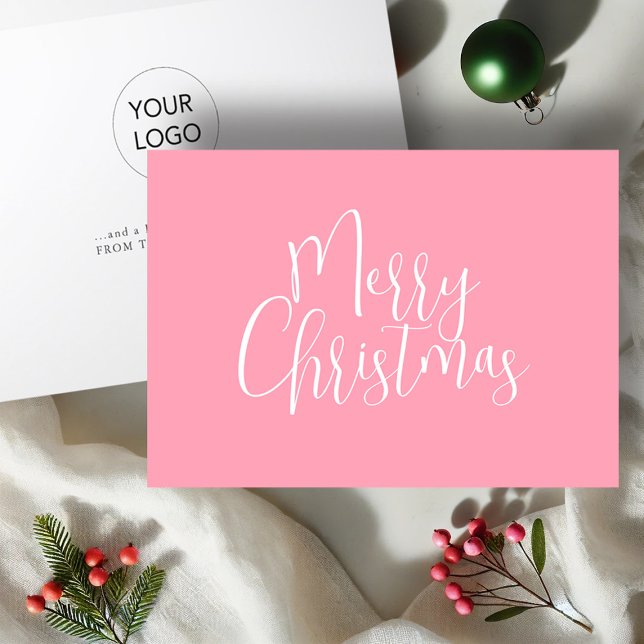 Trendy Pink Merry Christmas Feiertagskarte (Pink business Christmas cards with logo by Victoria Grigaliunas of Do Tell A Belle)