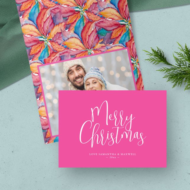 Trendy Pink Merry Christmas Feiertagskarte (Christmas card pink folded watercolor art and design by Victoria Grigaliunas of Do Tell A Belle)