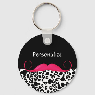 Trendy Pink Mustache Girl Leopard Print mit Namen Schlüsselanhänger