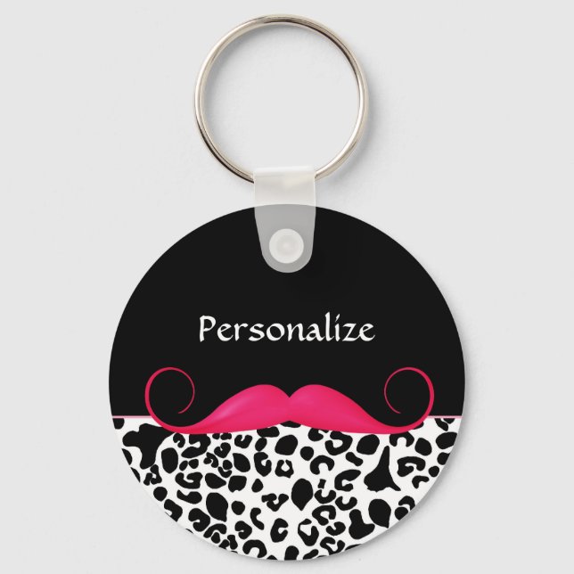 Trendy Pink Mustache Girl Leopard Print mit Namen Schlüsselanhänger (Vorderseite)