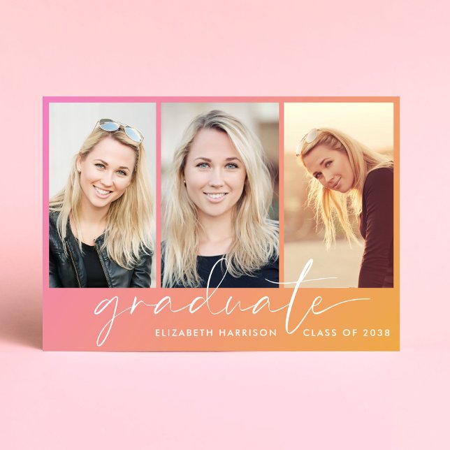 Trendy Pink Orange Foto Graduation Party Einladung (A personalized photo graduation party invitation to celebrate the graduate's achievements)