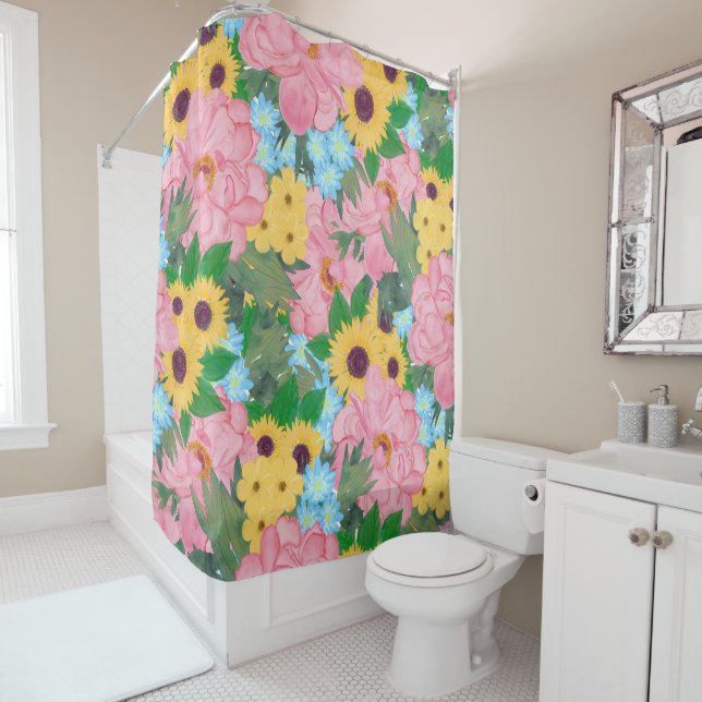 Trendy Pink Peonies Gelbe Sonnenblumen Wasserfarbe Duschvorhang (Beispiel)