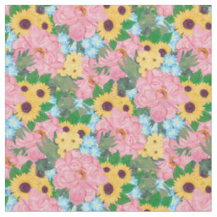 Trendy Pink Peonies Gelbe Sonnenblumen Wasserfarbe Stoff