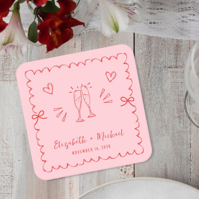 Trendy Pink Red Wavy Frame Wedding Rechteckiger Pappuntersetzer (Von Creator hochgeladen)