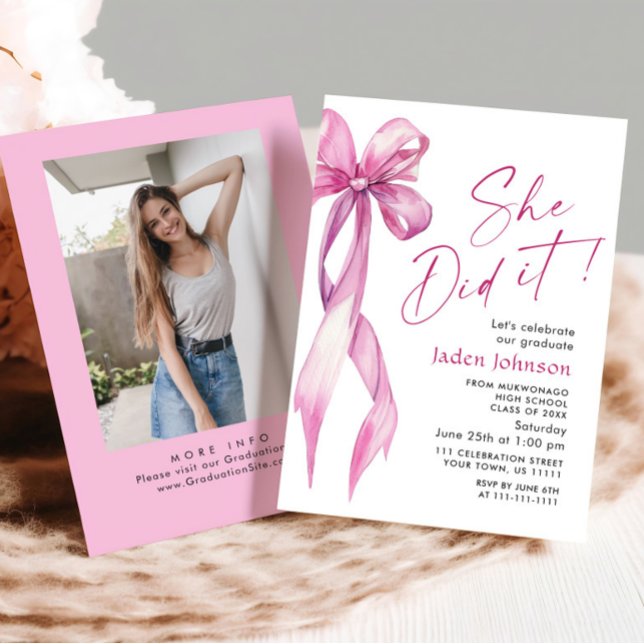 Trendy Pink Rose Bow Ribbon FOTO Graduation Party Einladung (Von Creator hochgeladen)