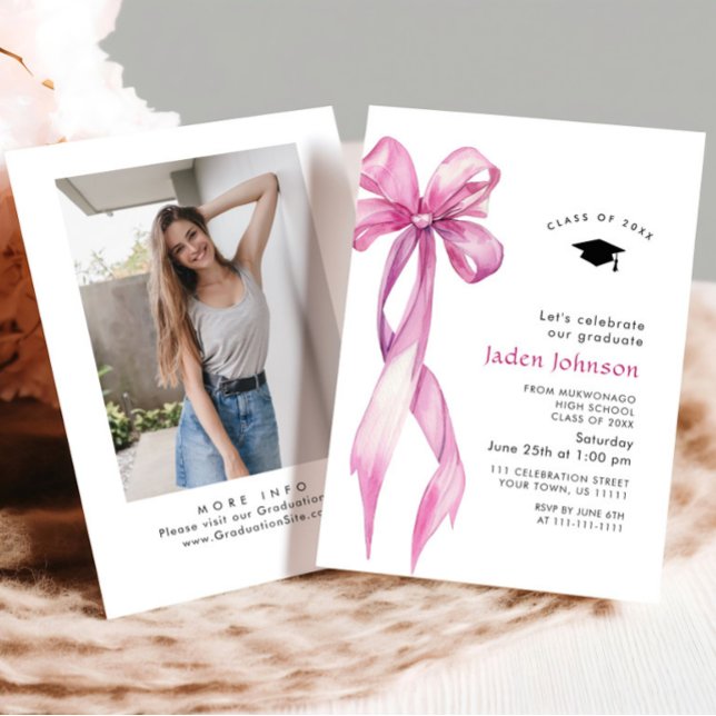 Trendy Pink Rose Bow Ribbon FOTO Graduation Party Einladung (Von Creator hochgeladen)
