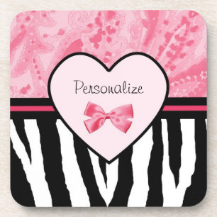 Trendy Pink und Black Zebra Muster Bow und Name Getränkeuntersetzer