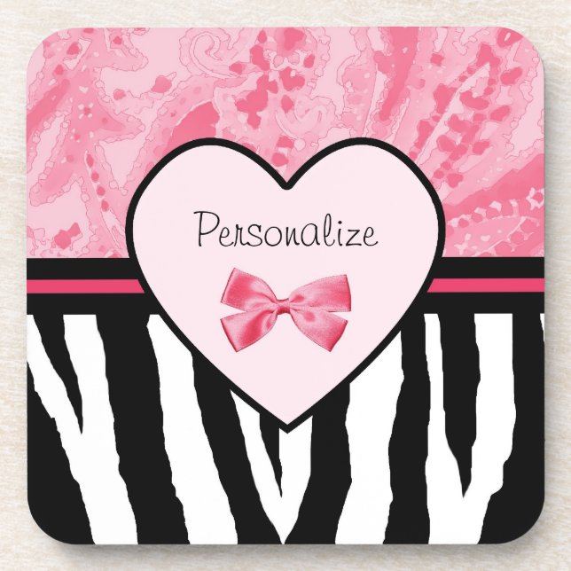 Trendy Pink und Black Zebra Muster Bow und Name Getränkeuntersetzer (Vorderseite)