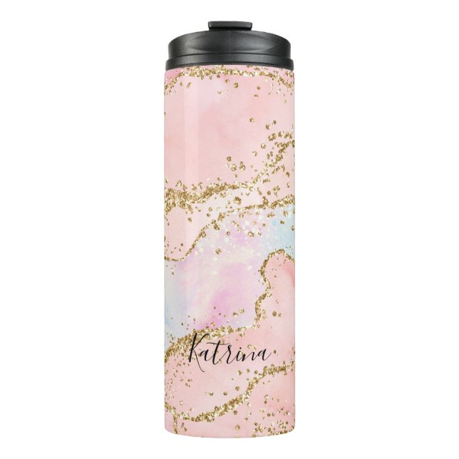 Trendy Pink und Gold Glitzer Agate Thermosbecher (Vorderseite)