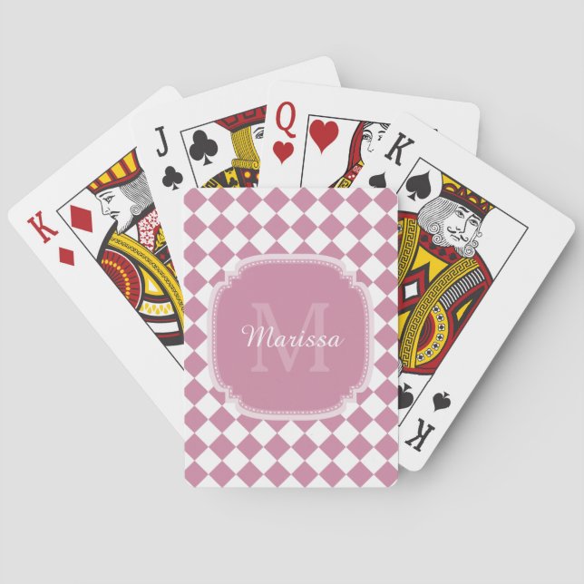Trendy Pink und White Checked Mit Monogramm Name Spielkarten (Rückseite)