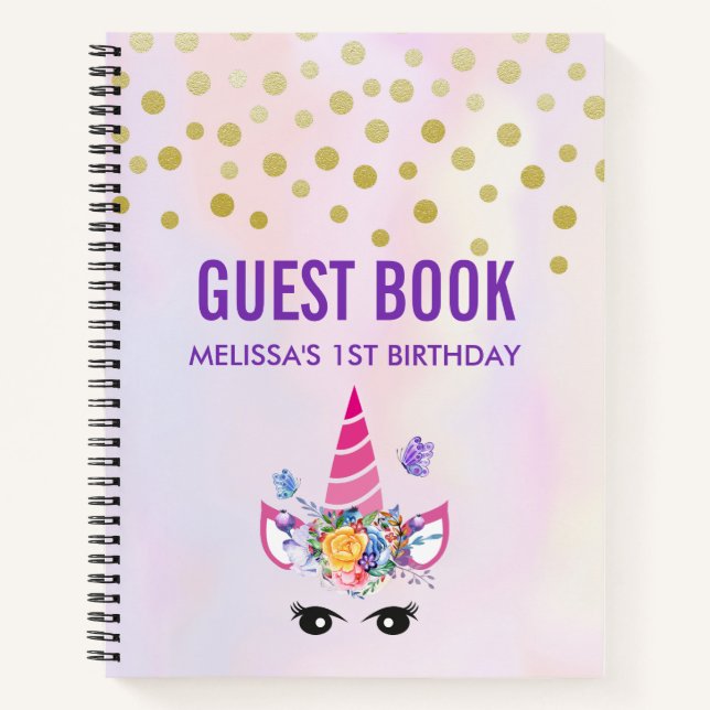 Trendy Pink Unicorn Confetti & Blume Gästebuch Notizbuch (Vorderseite)
