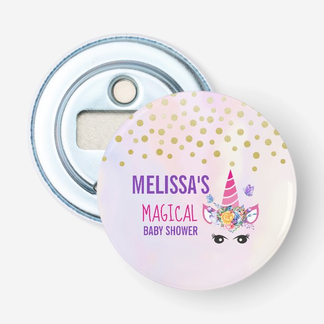 Trendy Pink Unicorn Confetti & Blume Kinderdusche Flaschenöffner (Vorderseite)