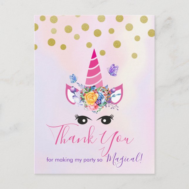 Trendy Pink Unicorn mit Blume Party Vielen Dank Postkarte (Vorderseite)