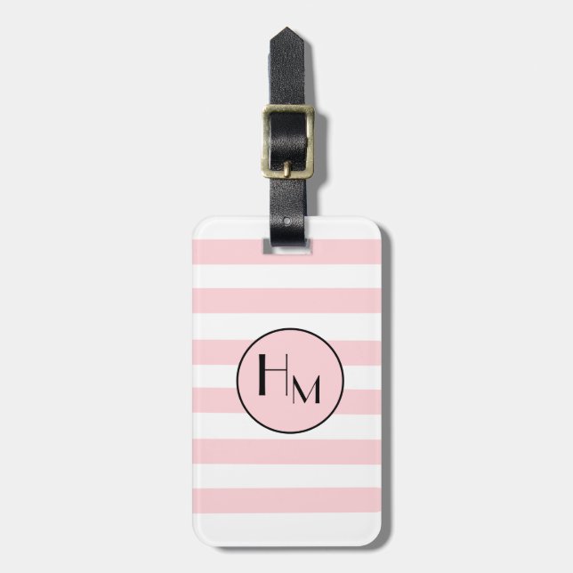 Trendy Pink & White Strip Monogramm Gepäckanhänger (Vorderseite vertikal)