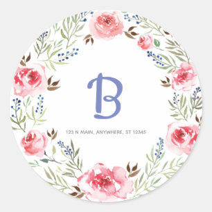 Trendy Pink Wreath Monogram-Adresse Runder Aufkleber