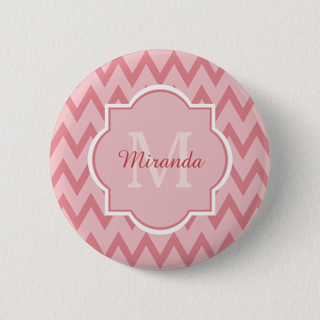 Trendy Pink Zickzack Zigzag Name und Monogram Button (Vorderseite)