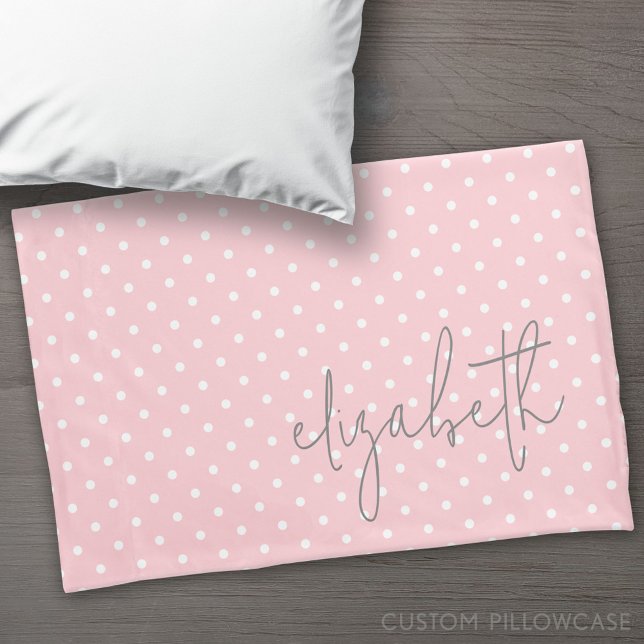 Trendy Polka Dot blush rosa Skript graue Namen Kissenbezug (Custom Pillowcase)