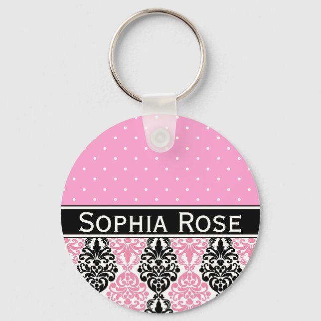 Trendy Polka Dot Damask Muster mit Name Schlüsselanhänger (Vorderseite)