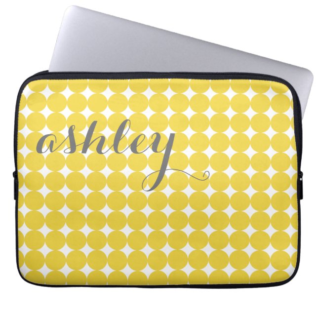 Trendy Polka Dot Pattern mit Namen - gelb grau Laptopschutzhülle (Vorderseite)