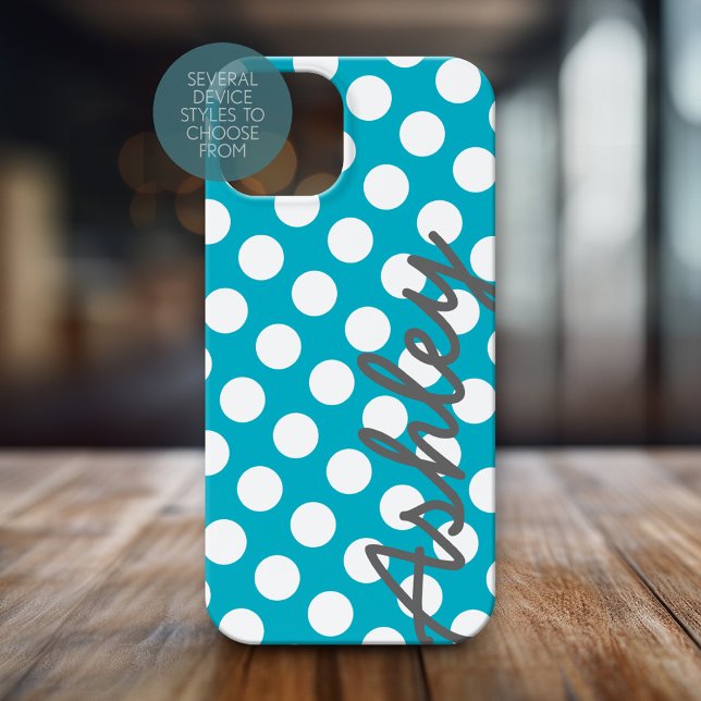 Trendy Polka Dot Pattern Skriptname - blau grau title_seo2 (Personalized Phone Case with Polka Dots and Custom Name)