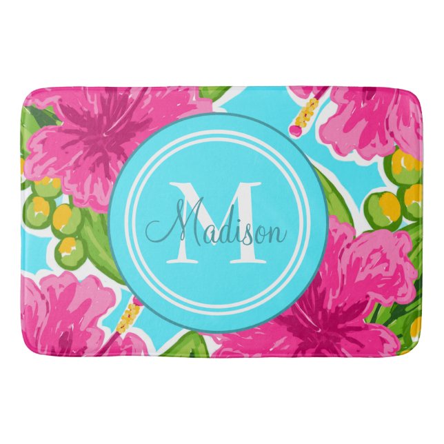 Trendy Preppy Style Hibisken Monogram Name Badematte (Vorderseite)