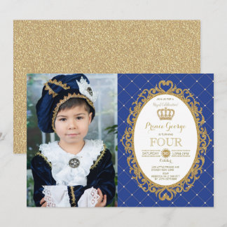 Trendy Prince Birthday Royal Blue Gold Party Foto Einladung
