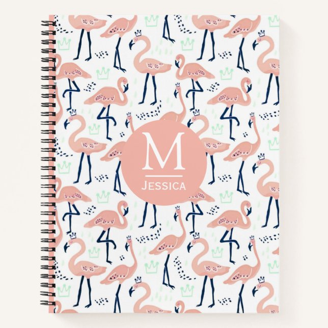 Trendy Princess Flamingo Pattern Monogram Notizbuch (Vorderseite)