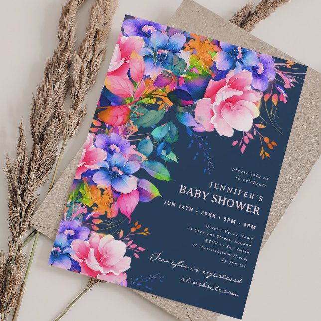 Trendy Rainbow Garden Floral Baby Shownacht Einladung (Trendy Rainbow Garden Floral Baby Shower Navy Invitation)