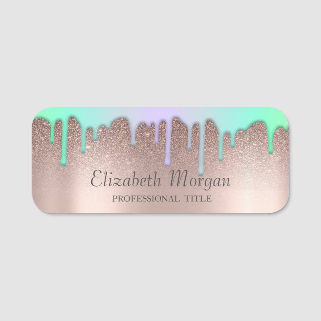 Trendy Rainbow Glitzer Tropfen, Rose Gold Namensschild (Vorderseite)