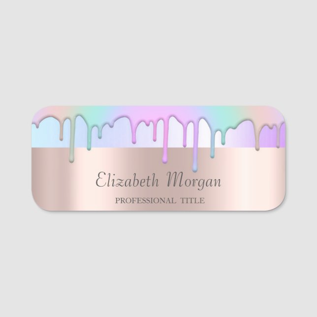 Trendy Rainbow Tropfen, Rose Gold Namensschild (Vorderseite)
