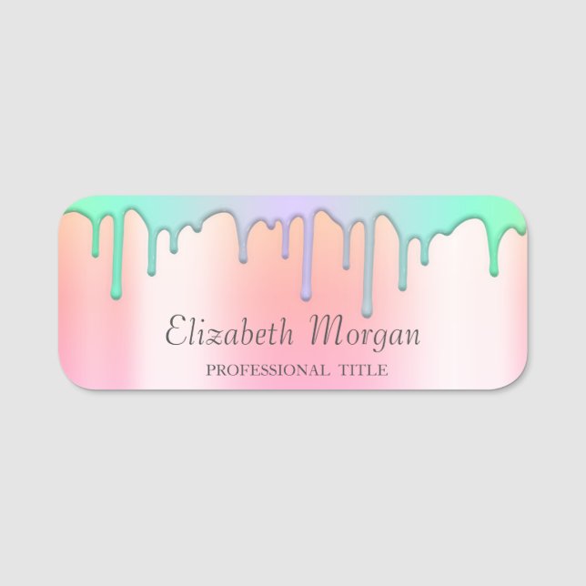 Trendy Rainbow Tropfen, Rose Gold Namensschild (Vorderseite)