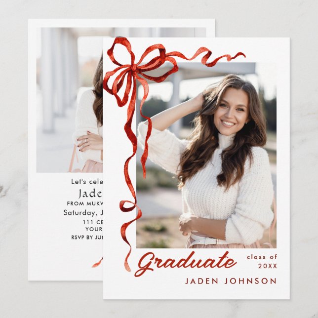 Trendy Red Bow Ribbon 2 FOTO Graduation Party Einladung (Vorne/Hinten)