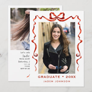 Trendy Red Bow Ribbon 2 FOTO Graduation Party Einladung