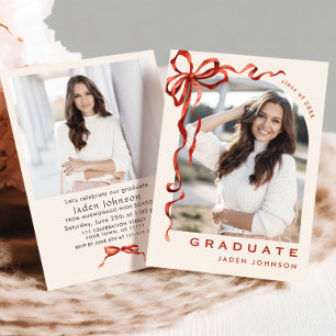 Trendy Red Bow Ribbon 2 FOTO Graduation Party Einladung