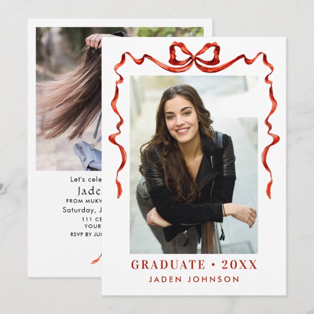 Trendy Red Bow Ribbon 2 FOTO Graduation Party Einladung (Vorne/Hinten)