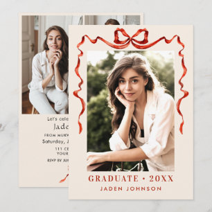 Trendy Red Bow Ribbon 4 FOTO Graduation Party Einladung
