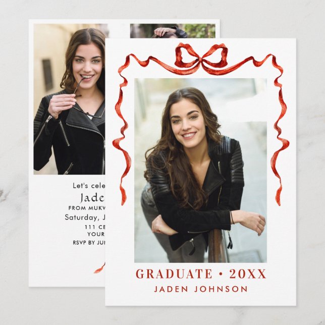 Trendy Red Bow Ribbon 4 FOTO Graduation Party Einladung (Vorne/Hinten)