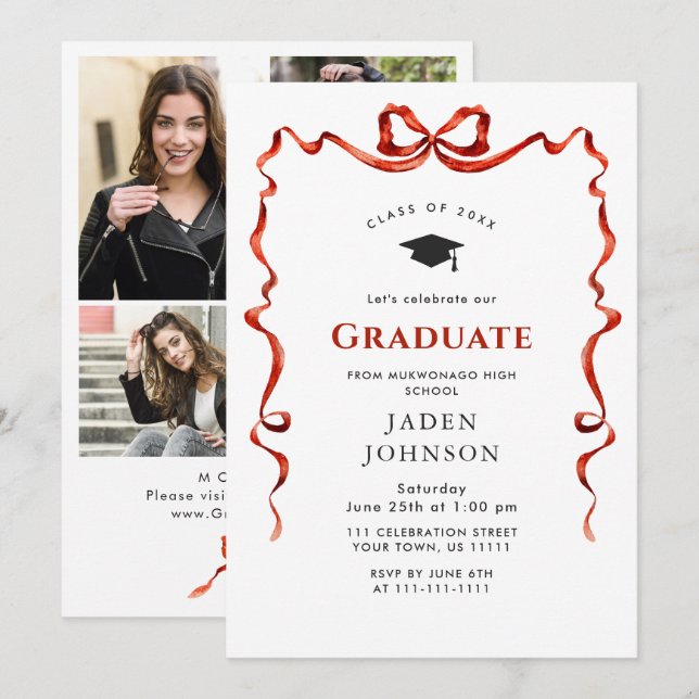 Trendy Red Bow Ribbon 4 FOTO Graduation Party Einladung (Vorne/Hinten)