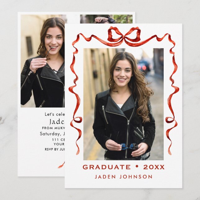 Trendy Red Bow Ribbon 4 FOTO Graduation Party Einladung (Vorne/Hinten)