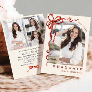 Trendy Red Bow Ribbon 4 FOTO Graduation Party Einladung