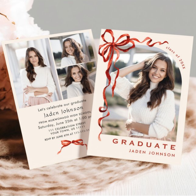 Trendy Red Bow Ribbon 4 FOTO Graduation Party Einladung (Von Creator hochgeladen)