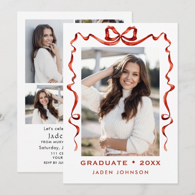 Trendy Red Bow Ribbon 5 FOTO Graduation Party Einladung (Vorne/Hinten)