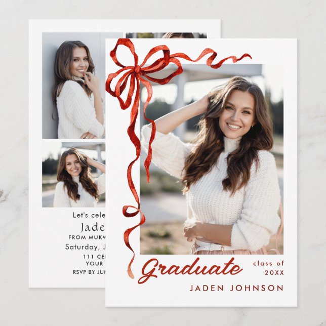 Trendy Red Bow Ribbon 5 FOTO Graduation Party Einladung (Vorne/Hinten)