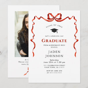 Trendy Red Bow Ribbon FOTO Graduation Party Einladung