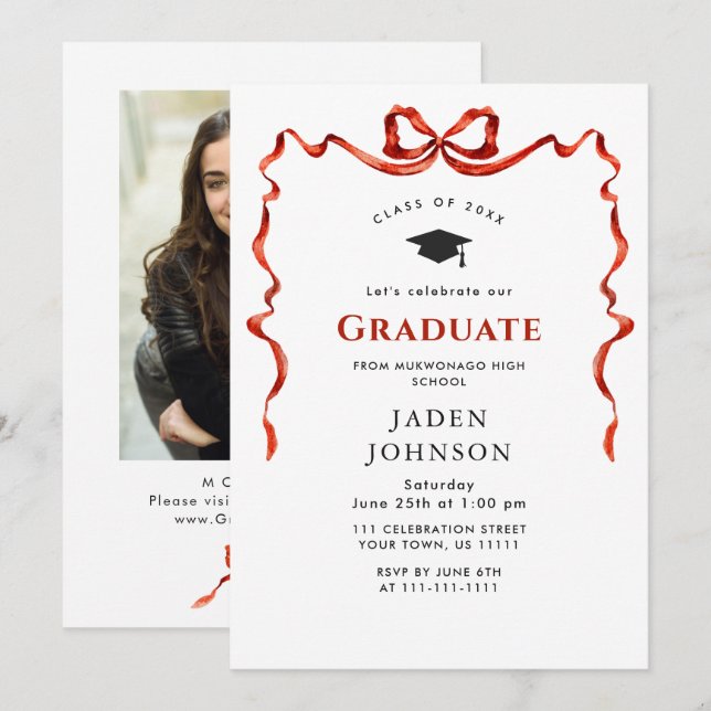 Trendy Red Bow Ribbon FOTO Graduation Party Einladung (Vorne/Hinten)