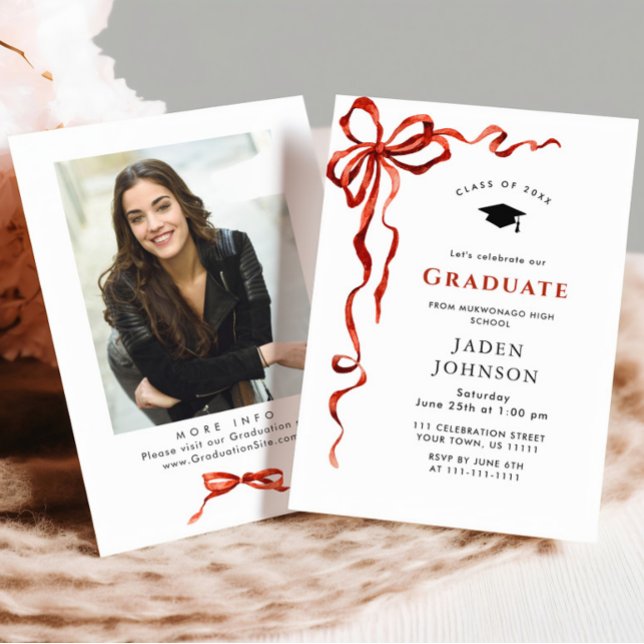 Trendy Red Bow Ribbon FOTO Graduation Party Einladung (Von Creator hochgeladen)