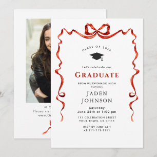 Trendy Red Bow Ribbon FOTO Graduation Party Einladung