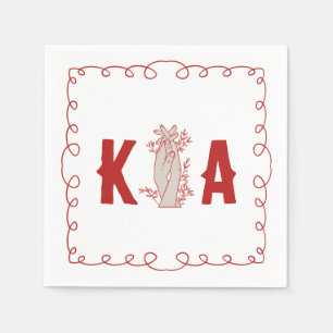 Trendy Red Custom Initial Floral Hand Drawn Doodle Serviette