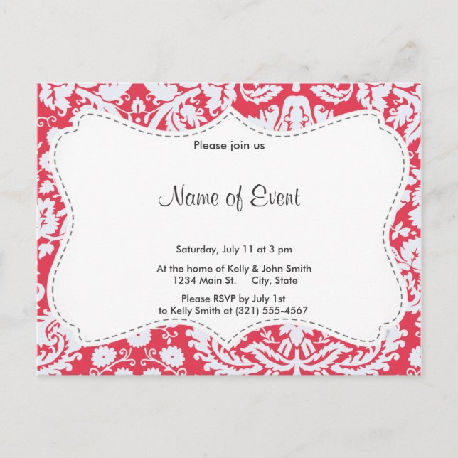 Trendy Red Damask Pattern Einladungspostkarte (Vorderseite)