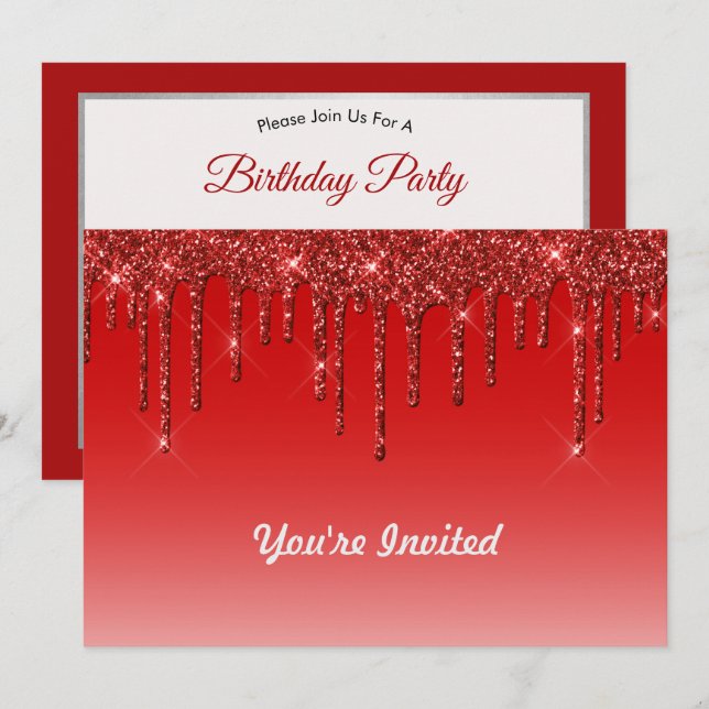 Trendy Red Glitzer Tropfens Birthday Einladung (Vorne/Hinten)